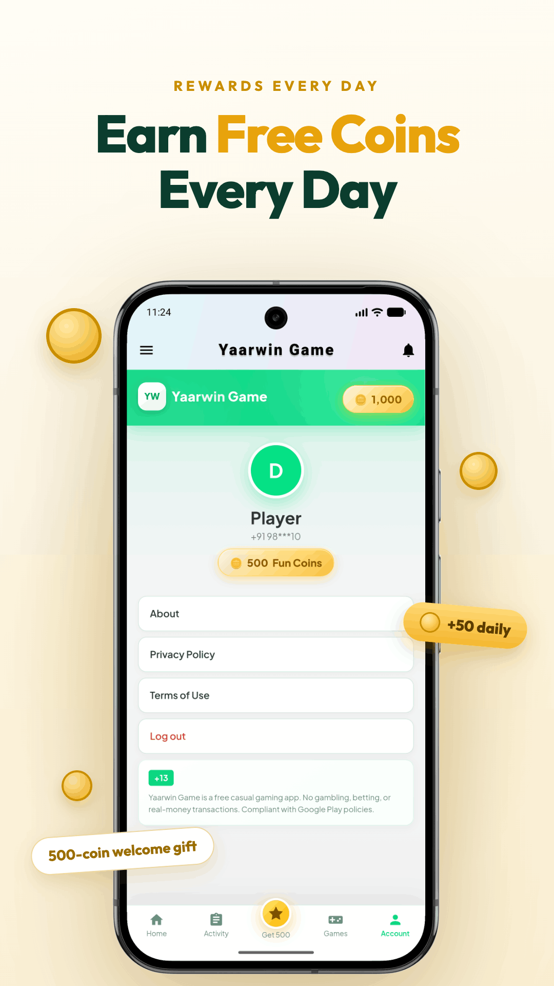 Yaarwin Account screen with fun coins balance and daily reward highlights