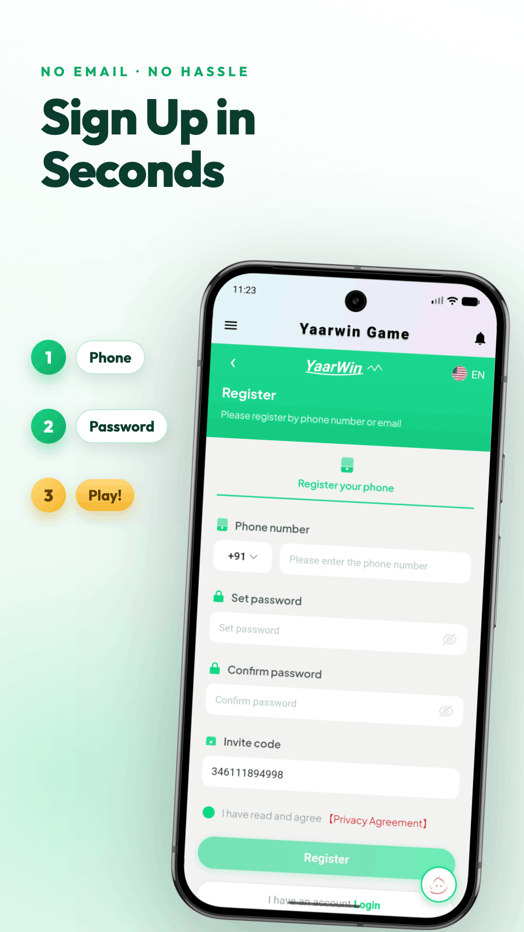 Yaarwin Register screen — phone signup steps Phone, Password, Play